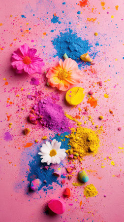 Holi festival powder in blue yellow pink scattered on pink background with fresh flowers creating a festive sceneの写真素材