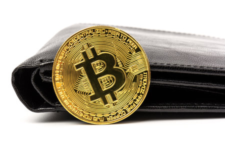 Gold bitcoin with black wallet on white background. Business, money, cryptocurrency concept.の写真素材