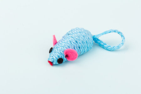 one blue toy mice for a pet cat isolated on a blue background, close-upの写真素材