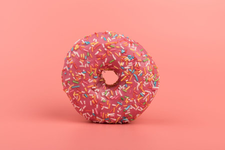 Donuts with strawberry icing and multicolored sprinkles, isolated on pink background. Traditional...