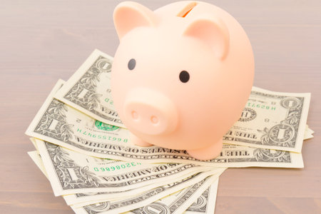 Piggy bank with dollar notes on wooden background, space for text. Finance, saving money. Business...