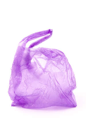 Transparent purple plastic bag with handles isolated over white backgroundの写真素材