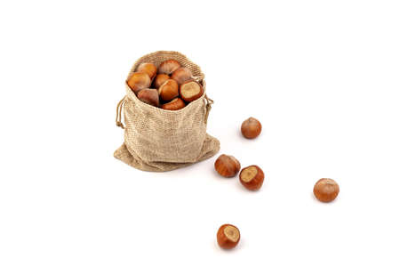 Fresh hazelnuts in bag from sacking isolated on white background.の写真素材
