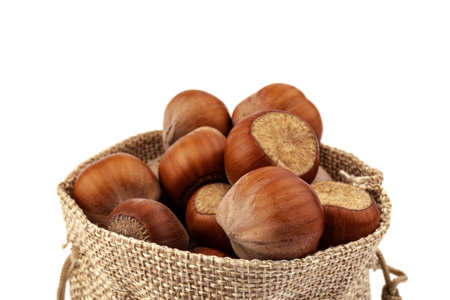 Fresh hazelnuts in bag from sacking isolated on white background.の写真素材