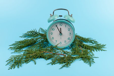 Winter holiday background with blue alarm clock and cypress branches on blue background.
