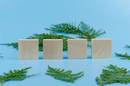 Four wooden blocks with cypress branches on blue background for your design. The concept of the New Year, Christmas.の写真素材
