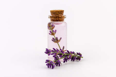 lavender essential oil in a beautiful bottle on the White backgroundの写真素材