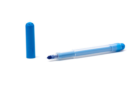 Blue marker pen isolated on white background. Kids vivid painting tools. Office highlighter design elementsの写真素材