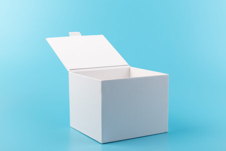 Opened white paper box on a blue background. Place for you design.