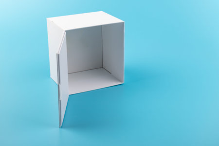 Opened white paper box on a blue background. Place for you design.