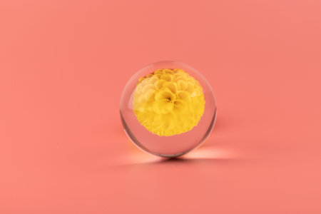Abstract composition with flower reflected in a glass ball. Beauty blog layout.