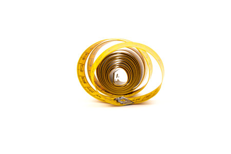 Tape measuring, isolated on white background. Centimeter. Space for text.