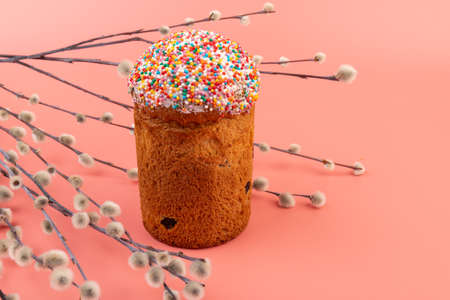 Easter cakes with willow twigs on pink background. Easter holidays breakfast concept with copy space.の写真素材