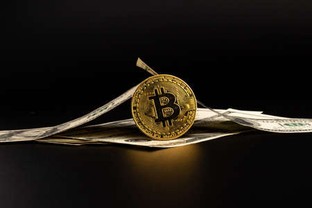 A symbolic coins of bitcoin on banknotes of dollars. Exchange bitcoin cash for a dollar. Black background.の写真素材