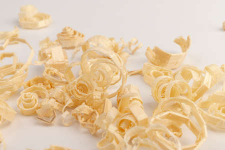 Wood chips isolated on light background. wooden shavings. The concept of woodworking and carpentry.の写真素材