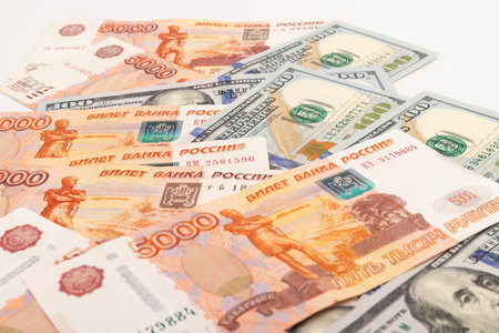 US dollar and Russian ruble. currency exchange. economic crisis. Ruble dollar cash. Hundred dollar...