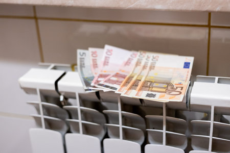 Expensive heating costs. Paying bills. Euro money banknotes on heating radiator battery with...