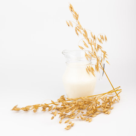 Oat milk in a jug bunch of golden ripe Avena sativa common oat wheat on light background. Vegan non dairy alternative milk.の写真素材