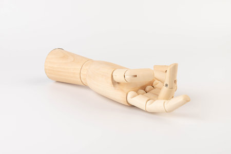 Wooden hand of mannequin on white backgroundの写真素材
