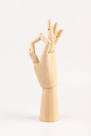 Wooden hand of mannequin on white backgroundの写真素材