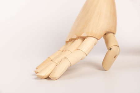 Wooden hand of mannequin on white backgroundの写真素材