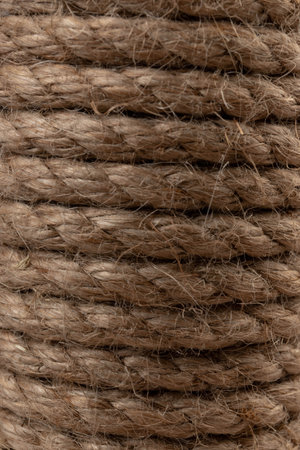 Sisal rope cat scratcher in close-up. thick hemp rope. Side view Soft focus.の写真素材