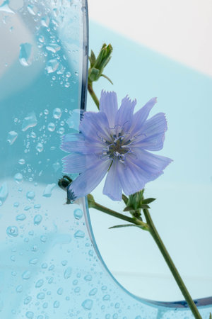 Chicory flowers on blue background. Macro. Flowers of chicory for design.の写真素材