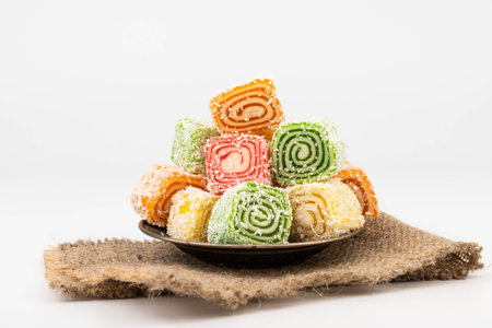Traditional Turkish delight isolated on white background. Sweet delicious lukum colorの写真素材