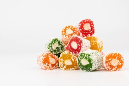 Traditional Turkish delight isolated on white background. Sweet delicious lukum colorの写真素材