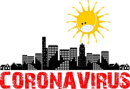 Coronavirus in city, on planet, coronavirus illustration, icon and inscriptionのイラスト素材