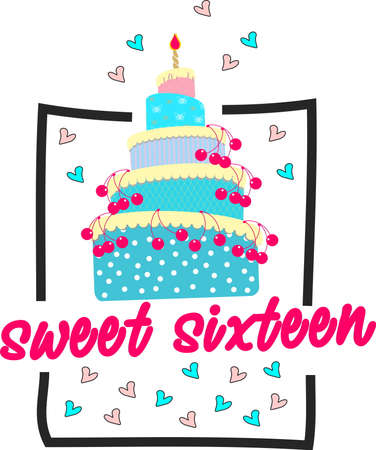 Blue cake with candle and cherry in frame with inscription sweet sixteenのイラスト素材