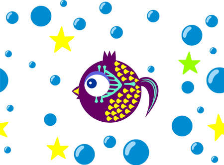 Seamless background with blue bubbles, sea stars and cute violet fishのイラスト素材