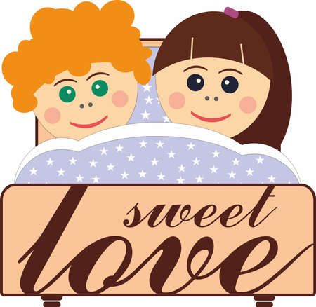 boy and girl sleeping in bed, love and relationship conceptのイラスト素材