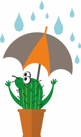 Cute succulent or cactus plant in ceramic pot with umbrella, watering flowers conceptのイラスト素材