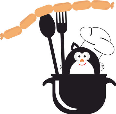 Fat Cat Chief with pan and cutlery. Dinner and cuisine symbolのイラスト素材