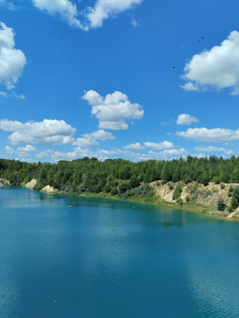 blue and emerald water, chalk quarry, beautiful lakeの写真素材