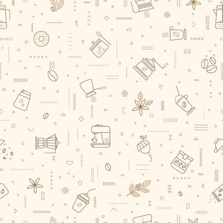 Seamless pattern with coffee, cups, cakes, donuts and other coffee attributes. Vector illustration on light beige background. For wrapping paper, wallpaper, fabrics, backgrounds.のイラスト素材