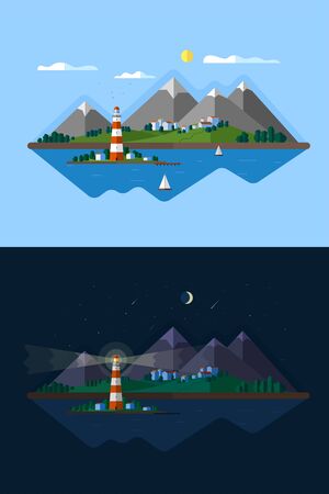 Nature landscape, sea with a lighthouse and sailboats. Night and day panorama with a luminous lighthouse, mountains, houses, trees.のイラスト素材