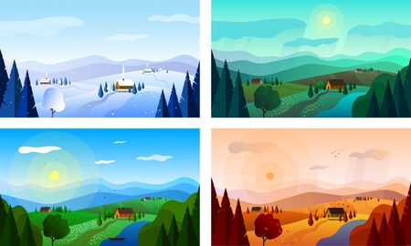 Vector illustration with landscapes at different times of the year. Spring, summer, autumn, winter landscapes.Suitable for the design of brochures, booklets, travel flyers.のイラスト素材