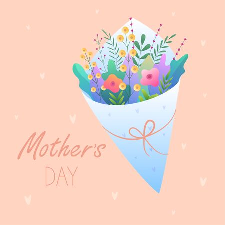 Greeting card Happy Mothers Day. Vector illustration with flowers, hearts with a bouquet of flowers and beautiful text on a orange background. Nice postcard for your holiday.のイラスト素材