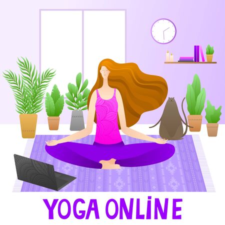 Yoga online vector for healthy lifestyle design.Girl watching laptop video lessons yoga. Distance learning on the internet. Cozy interior, cat, flowers.Stay home concept.For web pages.のイラスト素材