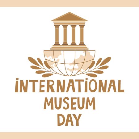International Museum Day vector greeting card. Museum building with columns in a flat style with text. May 18. On a white background with floral motifs.のイラスト素材