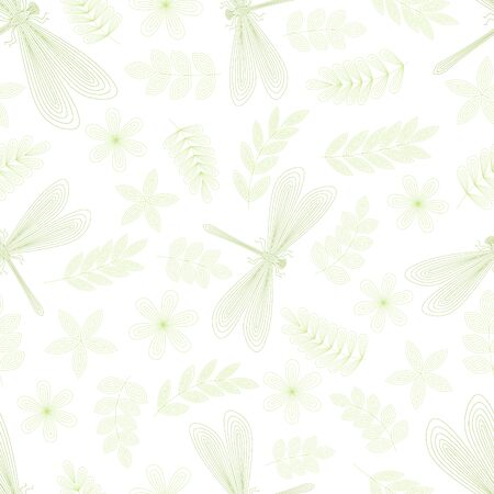 Dragonfly, leaves, flowers, twigs seamless pattern. Hand drawn doodle. Vector illustration on a white background. For fabrics, wrapping paper.のイラスト素材