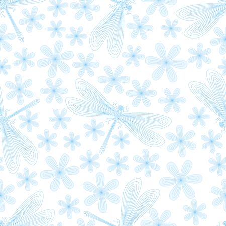 Dragonfly, flowers seamless pattern. Hand drawn doodle. Vector illustration on a white background. For fabrics, wrapping paper.のイラスト素材