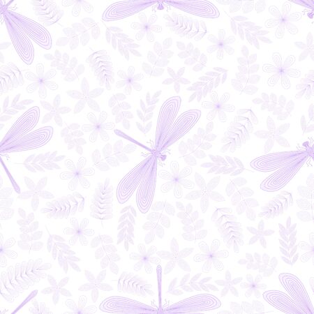 Dragonfly, leaves, flowers, twigs seamless pattern. Hand drawn doodle. Vector illustration on a white background. For fabrics, wrapping paper.のイラスト素材