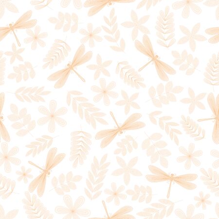 Dragonfly, leaves, flowers, twigs seamless pattern. Hand drawn doodle. Vector illustration on a white background. For fabrics, wrapping paper.のイラスト素材