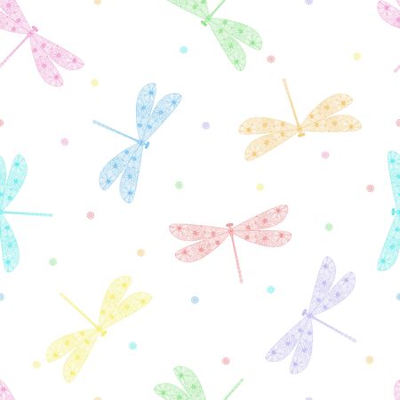 Rainbow dragonfly seamless pattern.Hand drawn doodle. Linear style. Decorative insects. Vector illustration on a white background. For fabrics, wrapping paper.のイラスト素材