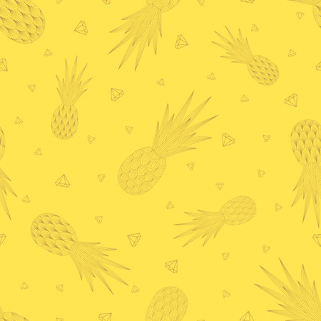 Golden pineapples seamless pattern. Tropical vector fruits. Linear style. Doodles. Decorative lace...