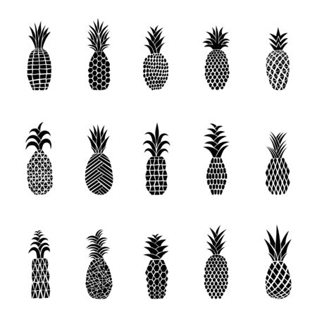 A set of pineapples. Tropical fruits collection. Black and white vector illustration. Hand drawn. Isolated over white background. Decorative pineapples for your design.のイラスト素材