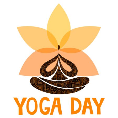 International Yoga Day. June 21. Stylish decorative card. Vector illustration on isolated white background. Pose. Silhouette. Text. For the design of banners, flyers, brochures, posters.のイラスト素材